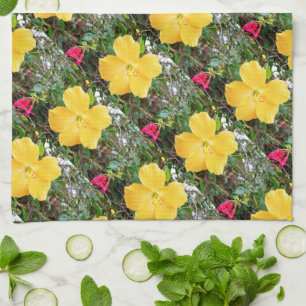 "Golden Radiance: Yellow Hibiscus Flower on a Tree Kitchen Towel