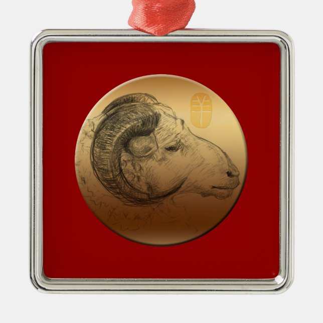 Golden Ram Year - Chinese Astrology Metal Ornament (Front)