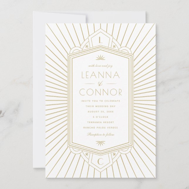 Golden Rays Initials Art Deco Wedding Invitation (Front)