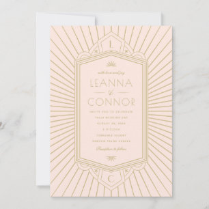 Golden Rays Initials Pink Art Deco Wedding Invitation