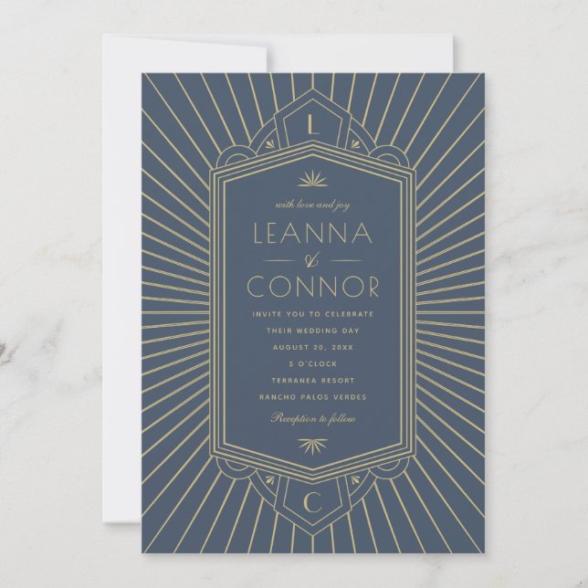 Golden Rays Initials Slate Art Deco Wedding Invitation (Front)