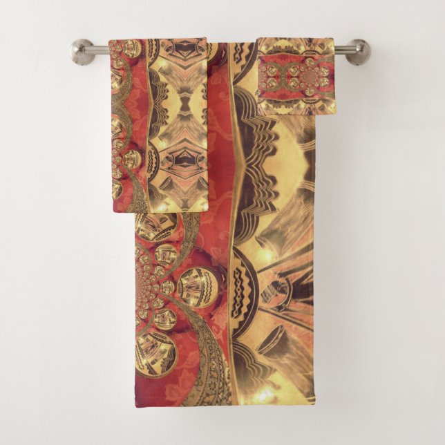 Golden Red African Print Art Design Bath Towel Set (Insitu)