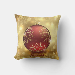 Golden & Red Christmas Ball Holiday Outdoor Pillow