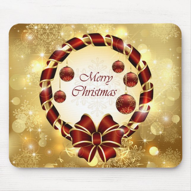 Golden & Red christmas Wreath with Bow & Snowflake Mouse Pad (Front)