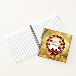 Golden & Red christmas Wreath with Bow & Snowflake Notebook