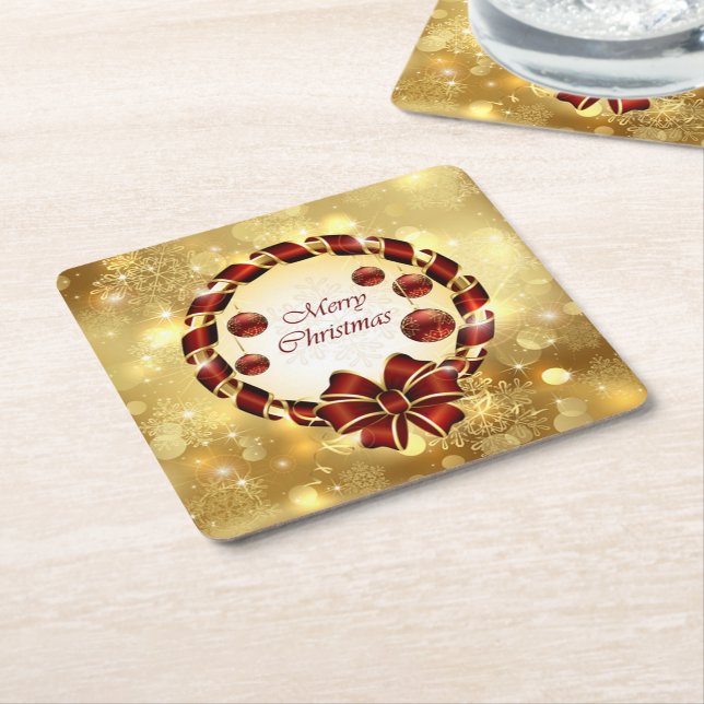 Golden & Red christmas Wreath with Bow & Snowflake Square Paper Coaster (Angled)