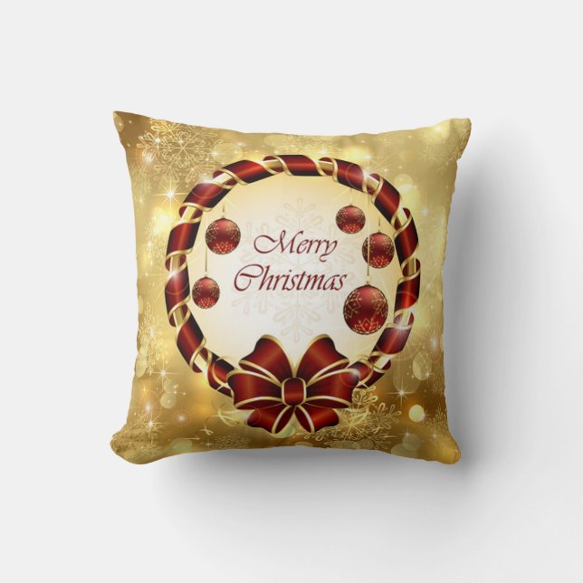 Golden & Red christmas Wreath with Bow & Snowflake Throw Pillow (Front)