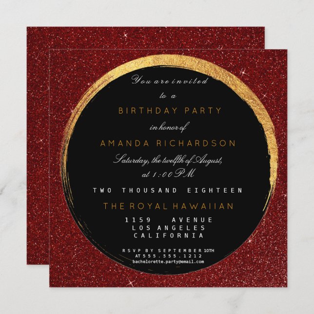 Golden Red Glitter Geometric Vip Birthday Party Invitation (Front/Back)