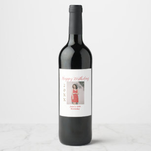 Golden red happy 15th birthday photo name year sim wine label
