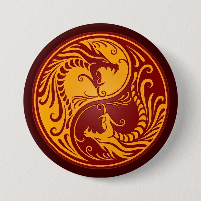 Golden Red Yin Yang Dragons 3 Inch Round Button (Front)