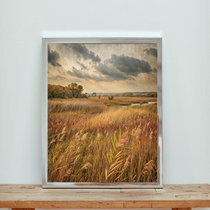 Golden Reeds Under a Stormy Sky Poster