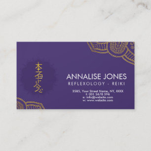 Golden Reiki Healing symbol on purple in lotus Business Card