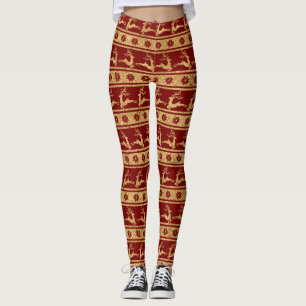 Golden Reindeer and Snowflakes on Red - Christmas Leggings