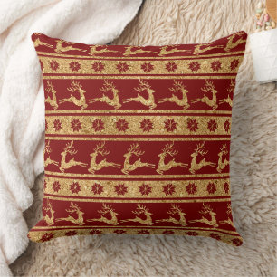 Golden Reindeer and Snowflakes on Red - Christmas Throw Pillow