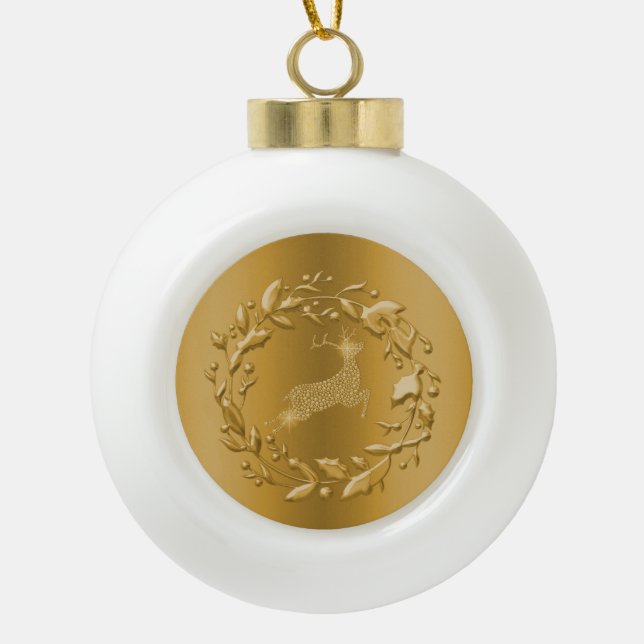 Golden Reindeer and Wreath Christmas Ceramic Ball Christmas Ornament (Front)