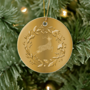 Golden Reindeer and Wreath Christmas Ceramic Ornament