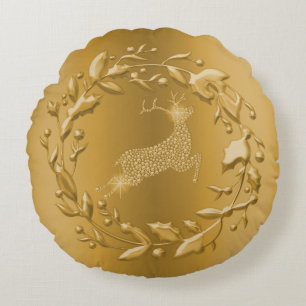 Golden Reindeer and Wreath Gold Christmas Round Pillow