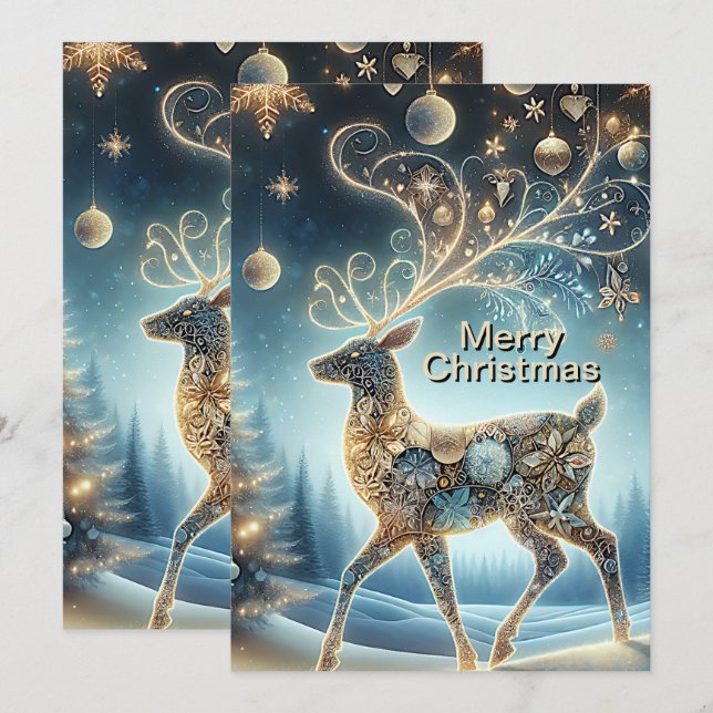 Golden Reindeer Christmas Ornaments Blue Sky Holiday Card (Front/Back)