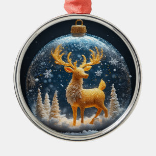 Golden Reindeer Ornament in a Snowy Christmas Glas