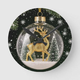 Golden Reindeer Ornament Round Clock