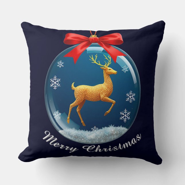 Golden Reindeer Ornament With Red Bow Throw Pillow (Front)