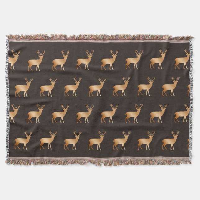 Golden reindeer pattern on brown throw blanket (Front)