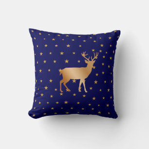 Golden reindeer silhouette & stars on navy blue throw pillow