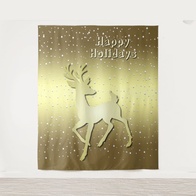 Golden Reindeer Snowy Holiday Backdrop Tapestry (Front)