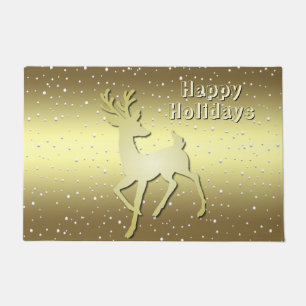 Golden Reindeer Snowy Holiday Doormat