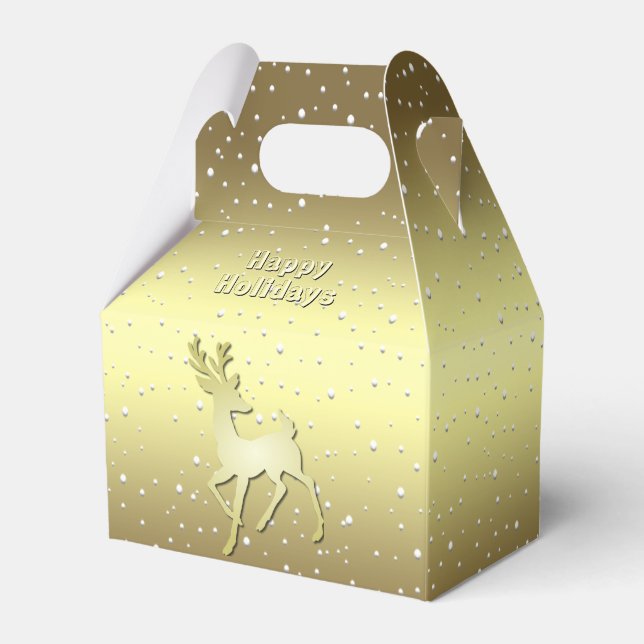 Golden Reindeer Snowy Holiday Favor Box (Front Side)