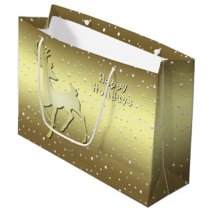 Golden Reindeer Snowy Holiday Gift Bag