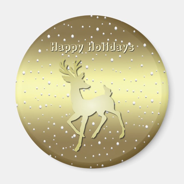 Golden Reindeer Snowy Holiday Magnet (Devant)