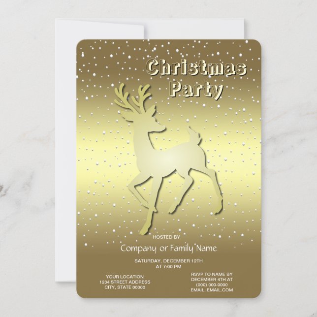 Golden Reindeer Snowy Holiday Party Invitation (Front)