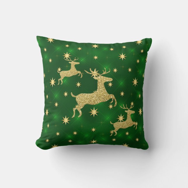 Golden Reindeer & Stars Green Throw Pillow (Front)
