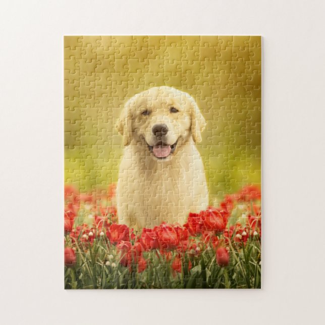 Golden Retirever in Red Flowers Jigsaw Puzzle (Vertical)