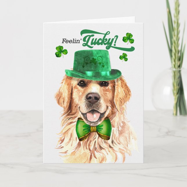 Golden Retreiver Dog Lucky St Patrick's Day Holiday Card (Front)