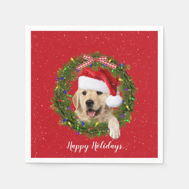 Golden Retrieve in holiday wreath Napkin (Front)