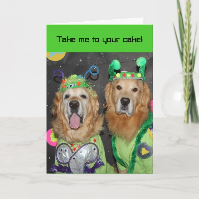 Golden Retriever Aliens Birthday Card (Front)