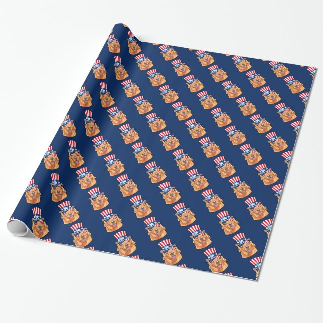 Golden Retriever America 4th of July USA Flag Wrapping Paper (Unrolled)