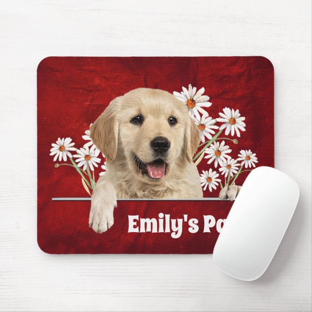 Golden Retriever and Daisies on Leather  Mouse Pad (With Mouse)