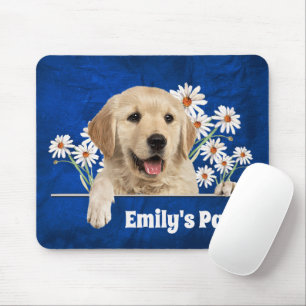 Golden Retriever and Daisies on Leather Mouse Pad