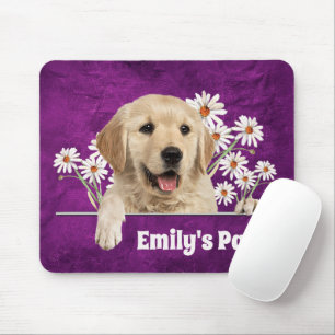Golden Retriever and Daisies on Leather  Mouse Pad