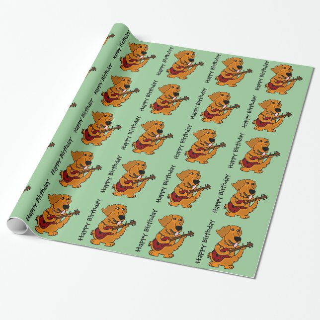 Golden Retriever and Guitar Birthday Giftwrap Wrapping Paper (Unrolled)