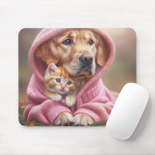 Golden Retriever and Kitten In Pink Hoodie Mouse Pad (With Mouse)