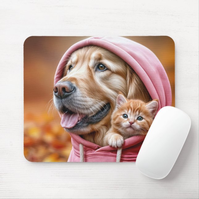 Golden Retriever and Kitten In Pink Hoodie Mouse Pad (With Mouse)