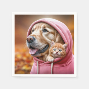 Golden Retriever and Kitten In Pink Hoodie Napkin
