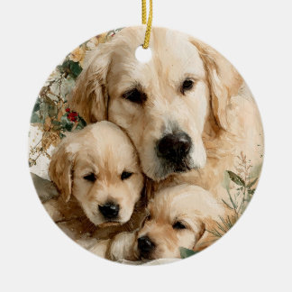 Golden Retriever and Puppies Vintage Christmas Ceramic Ornament