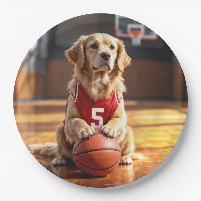 Golden Retriever Basketball Player Paper Plate (Front)
