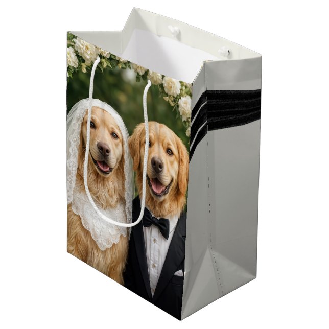 Golden Retriever Bride and Groom Portrait Medium Gift Bag (Front Angled)