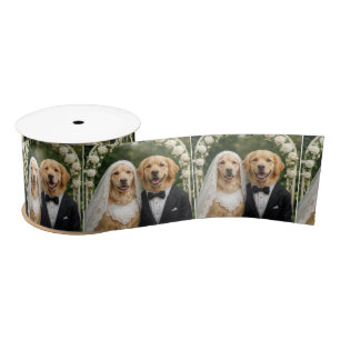 Golden Retriever Bride and Groom Portrait Satin Ribbon